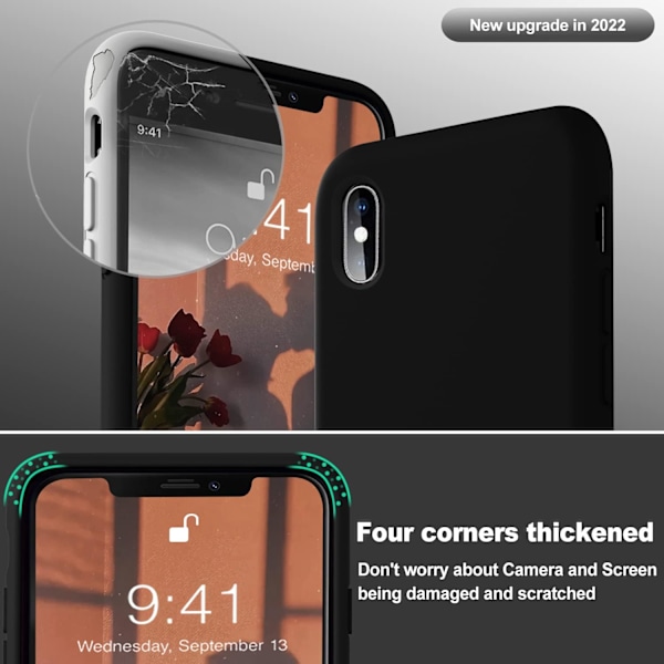 Kompatibel med iPhone Xs Max Cover, Blød Flydende Silikone Fuld Kropsbeskyttelse med Mikrofiberforing, Sort Sort