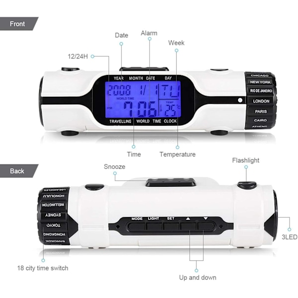 Verdenstidsreiseklokke, verdenstidsalarmklokke, lommelykt LED digital verdenstidsreisealarmklokke termometer for reiser, soverom, digital