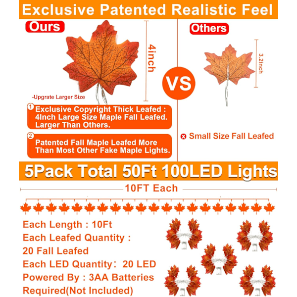 5 pak Ahornblad Fall Garland Lyskæder, Efterårsindretning 50 Ft/100 LED Forstørrede Efterårsblade Fall String Lights Vandtæt Batteridrevet orange Rød