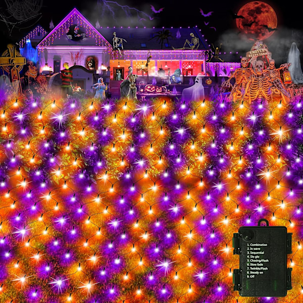 Halloween Net Lights 120LED Net Lights med batteridrift 5FT x3.3FT Mesh Light IP44 Vanntett Halloween Lights for Garden Patio Bushes Party