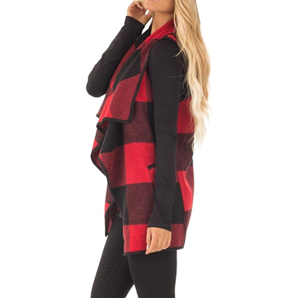Dame Vest Lapel Åben Front Buffalo Plaid Ærmeløs Cardigan Jakke Frakke med