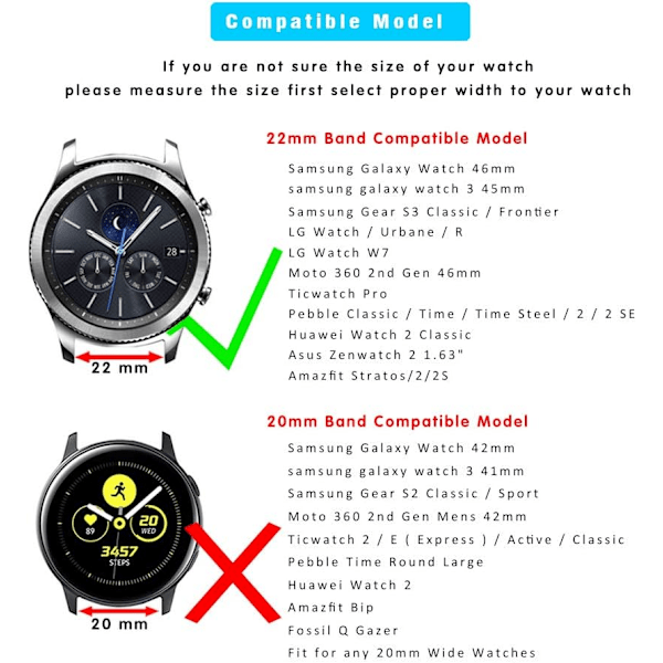 Kompatibel med Galaxy Watch 46mm/Galaxy Watch 3 45mm/Gear S3 Frontier/Classic-reimer, 22mm ekte lær mansjettarmbånd erstatningsreim med