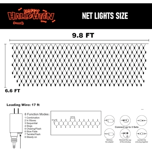 Halloween 200 LED Net Lights, 9,8 FT x 6,6 FT Sammenkædelig Vandtæt Dekoration med 8 Tilstande til Udendørs Have Feriefest (Lilla & Orange)