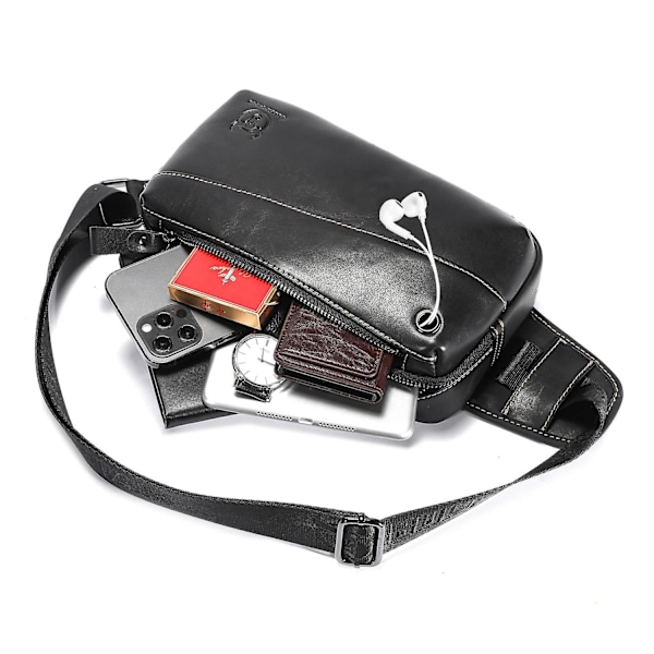 Retro midjeväska i toppskiktsläder, bröstväska, crossbodyväska för resor, vandring, affärsresa Black