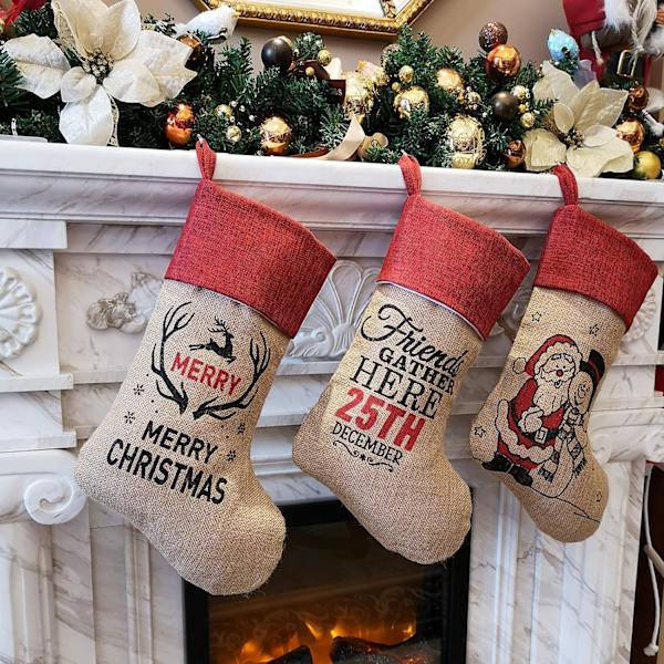 Julstrumpor Set med 3 Mjuka Jutesäck Linnemönstrade Claus Blessings Strumpor