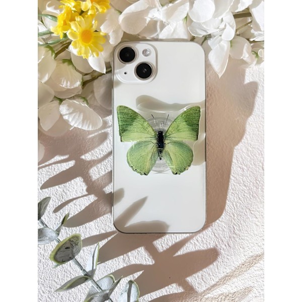 Fjäril Mobiltelefon Grepp, Sällsynt Fjäril, Sött Fjärilsstativ, Transparent Resin Vikbar Elastisk Bas, Mobiltelefon Dekoration Grön