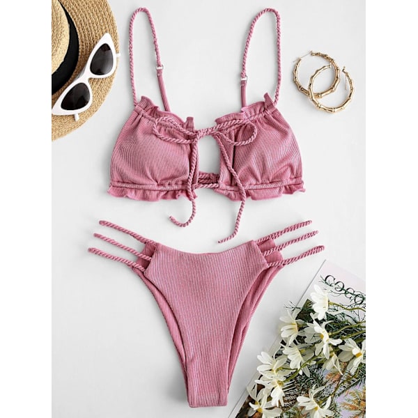 Kvinners Utskårne 2-delers badedrakt, Sexy High Cut Keyhole Bikini Tie Side String