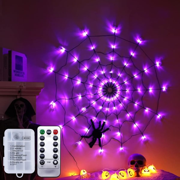Gigant edderkoppnettlys LED Halloween svart edderkoppnettlys vanntett lilla nettlys og svart edderkopp for hus hage innendørs og D