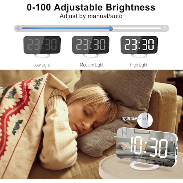 Hög digital väckarklocka för tunga sovare vuxna med sängvibrator, 2 USB-laddare, justerbar LED-lampa, snooze, larm, klocka för sovrum, vit