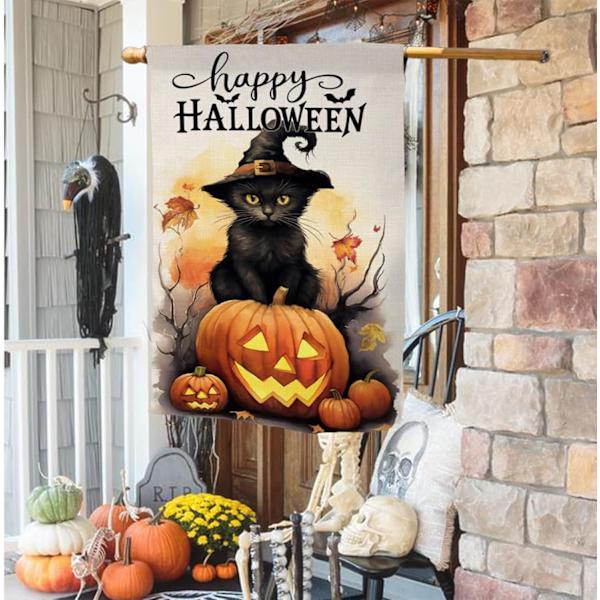 Halloween Kat Have s 28x40 Dobbeltsidet Happy Halloween Efterår Græskar Dekoration Til Hjem Udendørs Sjov Have Sækkestof s Efterår Have  Sort-2 Sort-2