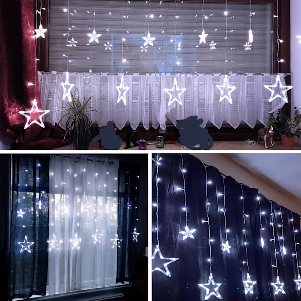 12 stjerner 138 LED stjernelys, gardinlyskæde til soveværelse med 8 lys