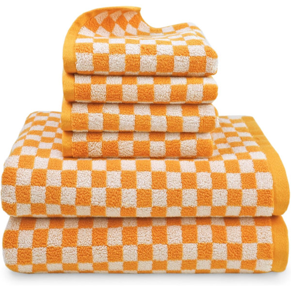 Söta badhandduksset, 4 handdukar och 2 badlakan för badrum och gästrum, 100 % bomulls handduksset, orange rutigt