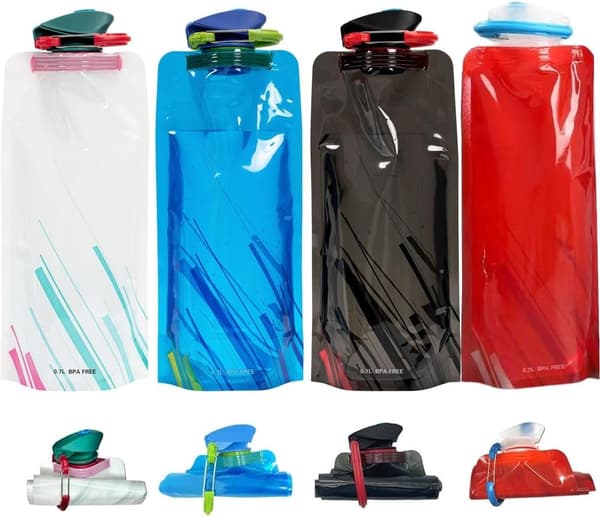 4-pack vikbara vattenflaskor 700 ml BPA-fria hopfällbara läckagesäkra bärbara vattenflaskor med spänne mjuka platta återanvändbara flaskor lätta för