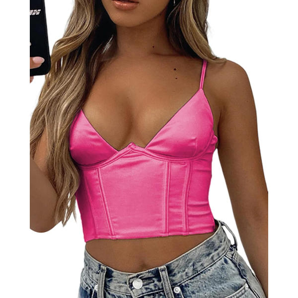 Kvinners blonder patchwork spaghetti stropp sexy V-hals crop top ribbestrikket camisole tank