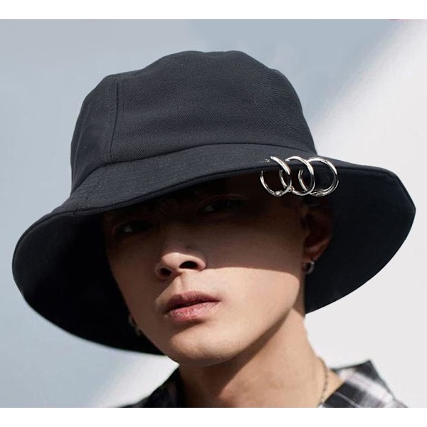 Kpop Bucket-Hat med ringe, fiskerhat - Unisex kasketter til mænd og kvinder med jernringe