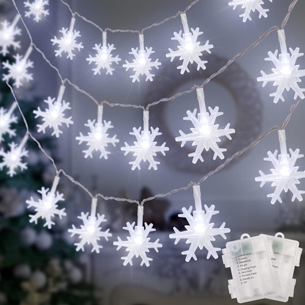 2-pack julsnöflingor ljusslingor utomhus, 50 LED 24FT snöflinga dekorativa julbelysning batteridriven, 8 belysningslägen och timer, vit