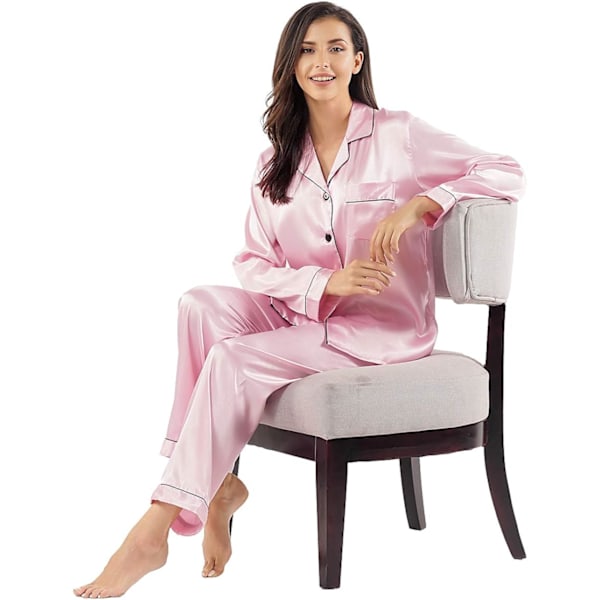 Kvinners Silke Pyjamas Sett Lang Ermet Damer Satin PJ Sett Knappet Pyjamas