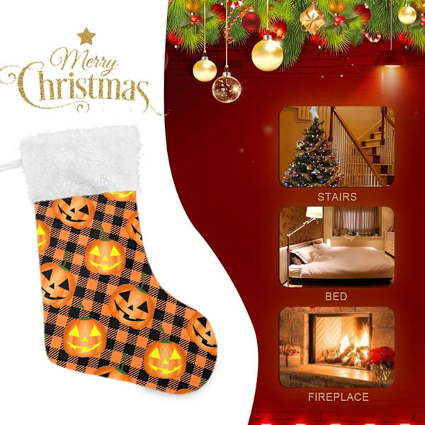 Jule-Strømpe, Personlige Jule-Strømper 2-pak Halloween Græskar Orange Buffalo Plaid 45,7 cm Jule-Strømper Hængende Ornament Pejs