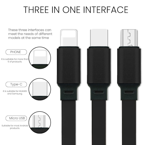 Multi 3 i 1 universell, sammenleggbar USB-ladekabel. 3,3 fot/1 m. 2A