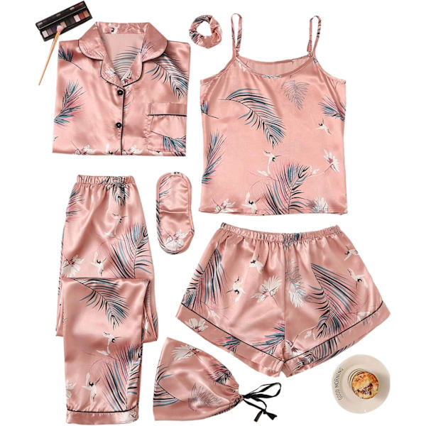 Dam 7-delad pyjamas set cami pjs med skjorta och ögonmask