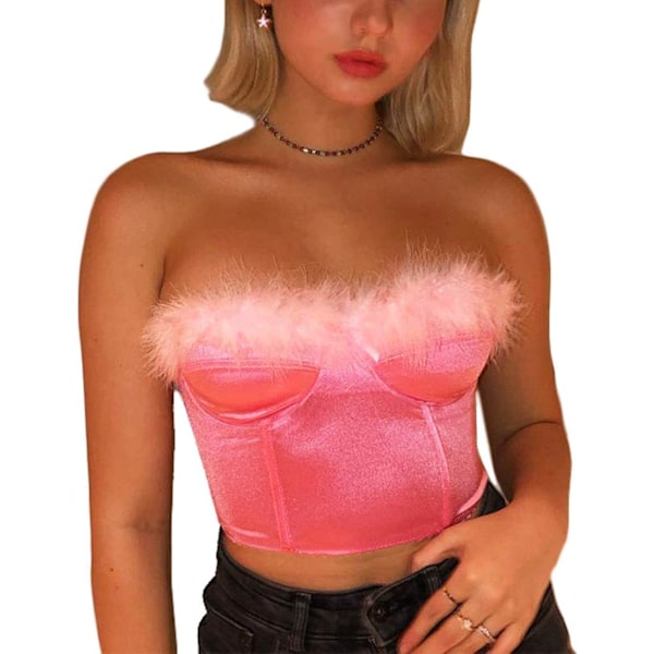 Women Feather Trim Corset Bandeau Tube Crop Tops Bustier Satin Faux Fur