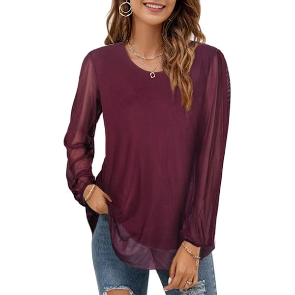 Damruffle långärmad blus ärm mesh blus lös flytande toppar med
