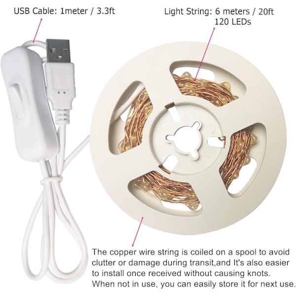 USB-slingljus 20 fot 120 LED-slingljus med på/av-knapp, vattentäta koppartrådsljus för sovrumsvägg tak krans hantverk jul