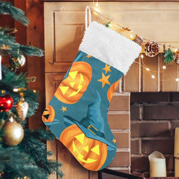 Julklapp, Personliga Julklappsstrumpor 2-pack Halloween Pumpa Häxa Hatt Stjärnor 45,7 cm Julstrumpor Hängande Ornament Eldstad för