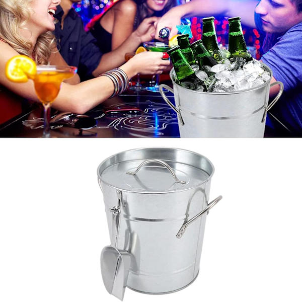Isspand til fester - Vinkøler Isterningbeholder med håndtag, Metalspand Drikkekar med låg og isske til camping, fester, sølv