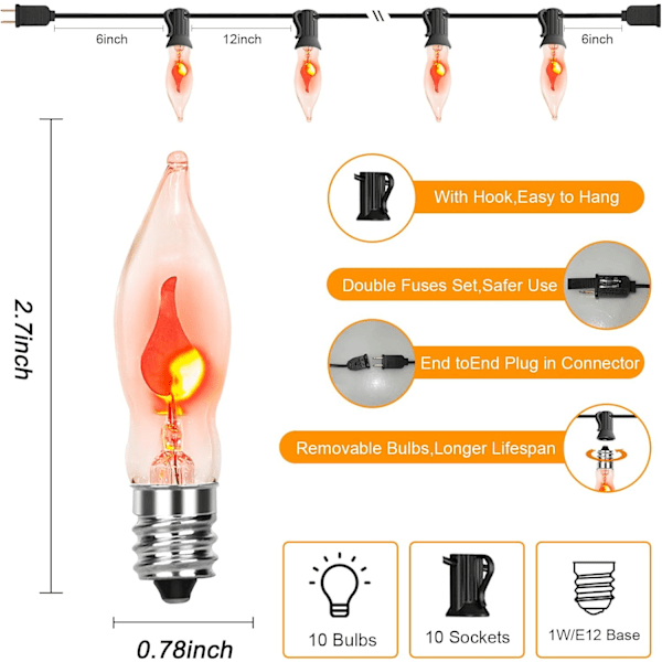10Ft Flimrende Flamme Udendørs Lyskæde, C18 Halloween Orange Lys med 10 1W Flamme Pærer, E12 Sockel, Udendørs Halloween Terrasselys til