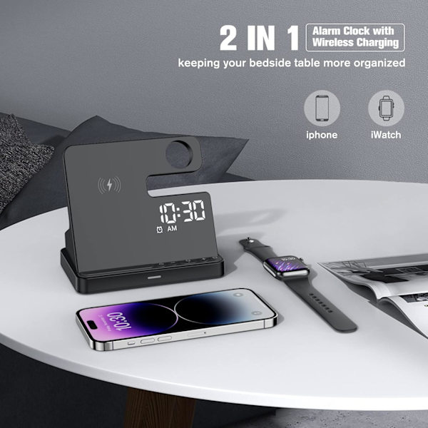 Alarmklokke Telefonlader, 000% Display Dimmer, Justerbart Volum, Vekkerklokke med Trådløs Ladestasjon for iPhone/Apple Watch (Watch Black