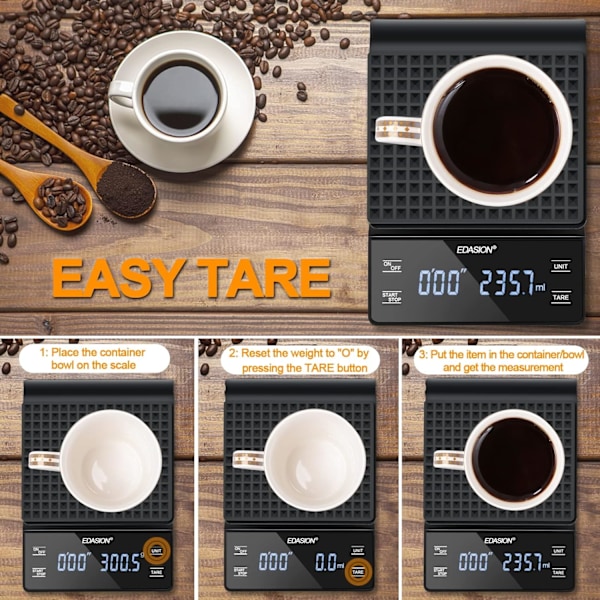 Digital Kaffevåg - 0,1g/3kg Precision, Timer, Vattentät, Stor LED-display (Svart)