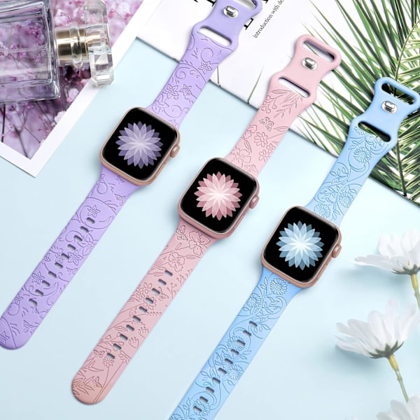 3-pack blommönster med graverade band som är kompatibla med Apple Watch