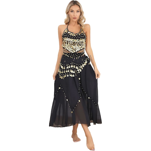 Kvinders mavedans kjole mave crop top bh top og bælte chiffon dans nederdel hofte tørklæde kostume 3-delt outfit sort one size sort one size