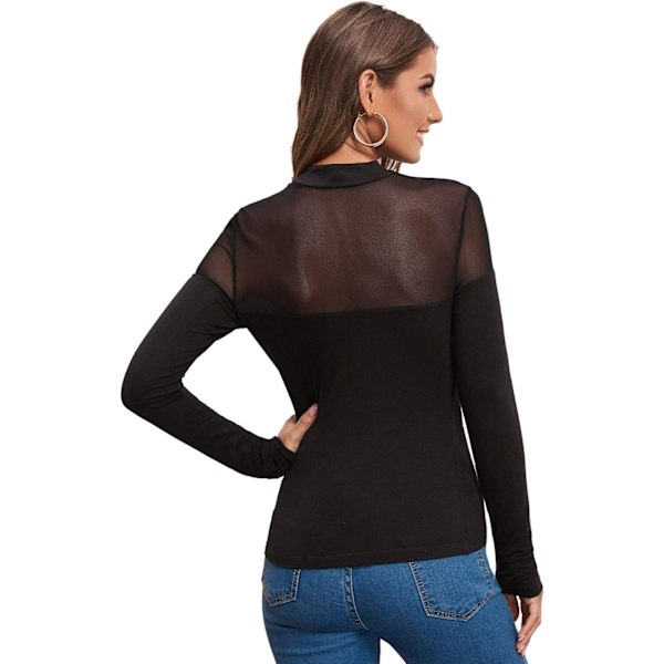 Kvinnors Mock Neck Sheer Mesh Toppar Långärmad Solid Tee Blus