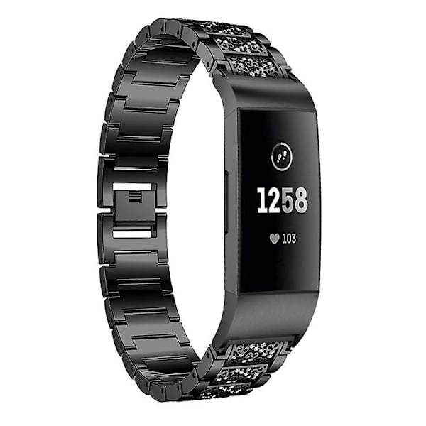 Diamantbesat Solid Rustfrit Stål Urrem Til Fitbit Charge 3 SYW Black