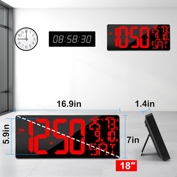 [Oversized] 18\" Stor Digital Væg Ur med Fjernbetjening, Automatisk Dæmpning Digital Ur Stort Display med Dato/Temp/Uge, DST, Alarm, 5.9”Jumbo