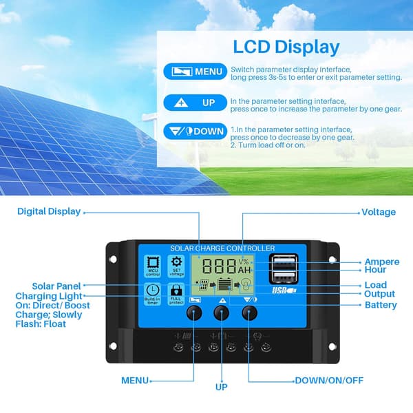 wxsp 30 A 12 V/24 V Solcelledrevet controller, laderegulator med 5 V Dobbelt USB-port og timerindstilling, LCD-display til solpanel batterilampe