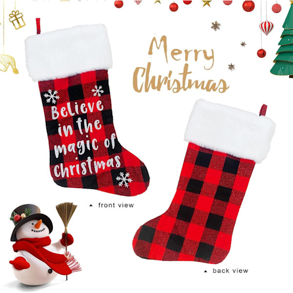 4 stk. 20 tommer Buffalo Plaid jule strømpe med super blød plys manchet