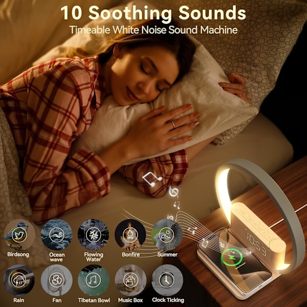 Sunrise trådlös laddare, 10 ljudmaskin väckarklocka med 30/60/90 minuters timer, 3 nivåer touch nattlampa, dubbla för tunga sovare, trä