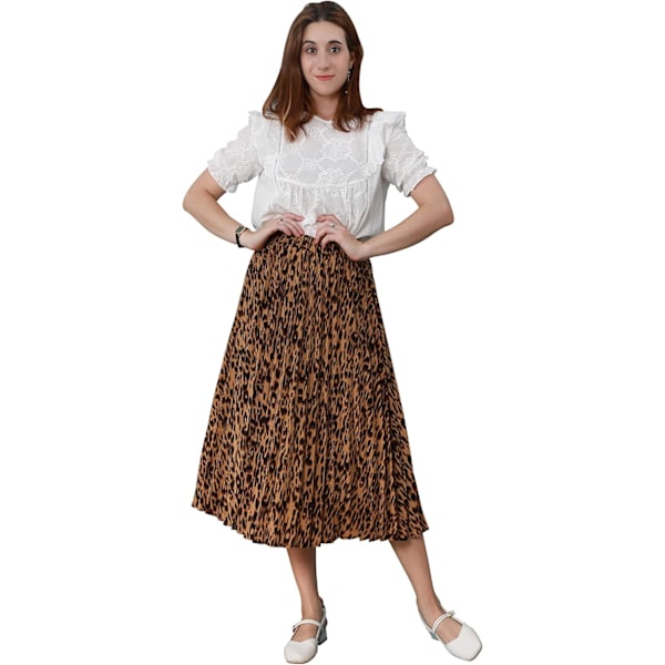 Womens Chic Elastisk Høy Midje A Linje Leopard Trykk Plissert Rynking -Lang
