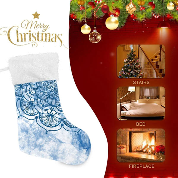 Julklapp, Personliga Julklappsstrumpor 2-pack Bohemisk Blomma Blå Mandala 45,7 cm Julstrumpor Hängande Ornament Eldstad för Träd