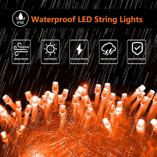 Oransje Halloween-lyskjede, 200 LED 66ft 8 moduser Halloween-lys, UL-sertifiserte sammenkoblede oransje lyskjeder for hjem, hage, veranda,