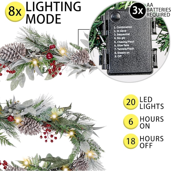 6 fot naturlig fräsch röd grön julgirlang med 20 LED-lampor och bär