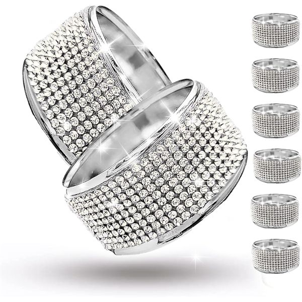 Sølv serviettringer, sett med 6 - Serviettring med diamant-rhinestone, glitrende bord
