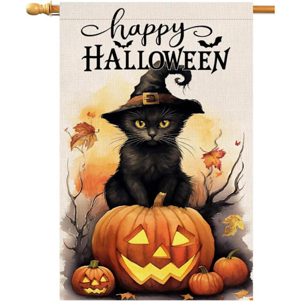 Halloween Kat Have s 28x40 Dobbeltsidet Happy Halloween Efterår Græskar Dekoration Til Hjem Udendørs Sjov Have Sækkestof s Efterår Have  Sort-2 Sort-2