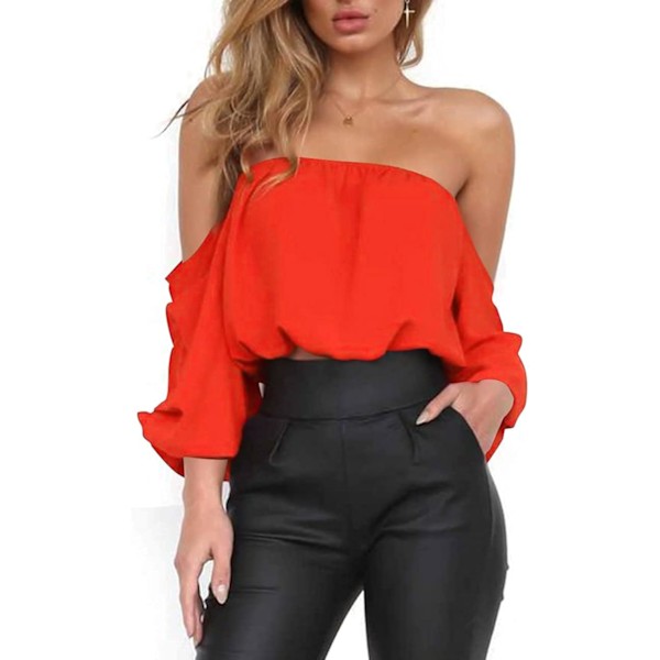 Kvinners Off Shoulder Chiffon Bluse Sexy Lang Ermet Skjorte Løs Stroppeløs Topper