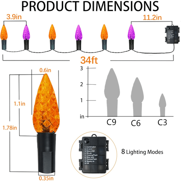 2 Pakke 200 LED C6 Halloween Lyslenker, 66FT Eventyrlys Batteridrevet med Fjernkontroll og Timer, Vanntett Oransje og Lilla Lys 8