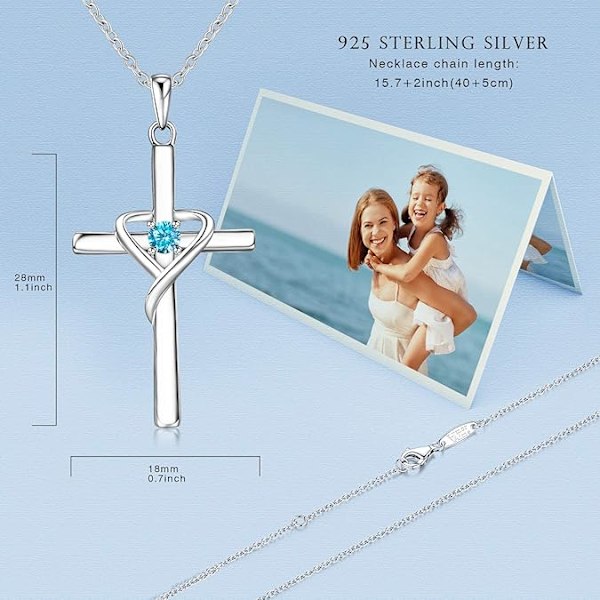 December Födelsesten Korshalsband - 925 Silver med 5A CZ Blå Topas & 14K Guld/Roséguld - Isblå Unisex Julsmycke