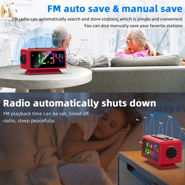 Digitalt vækkeur med 11 dynamisk RGB-display, FM-radiovækkeur med 2 USB-porte, søvnlydmaskiner med timer, 000 % lysdæmper, dobbelt rød
